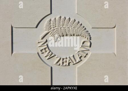 La Nuova Zelanda Expeditionary Force - NZEF (1914-1918) emblema su una lapide della prima guerra mondiale al Tyne Cot Cemetery a Zonnebeke, Belgio Foto Stock