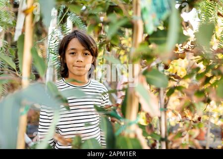 Ritratto di ragazzo in piedi tra le piante nella stanza dei bambini Foto Stock