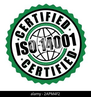 Etichetta o adesivo certificato ISO 14001 su sfondo bianco, illustrazione vettoriale Illustrazione Vettoriale
