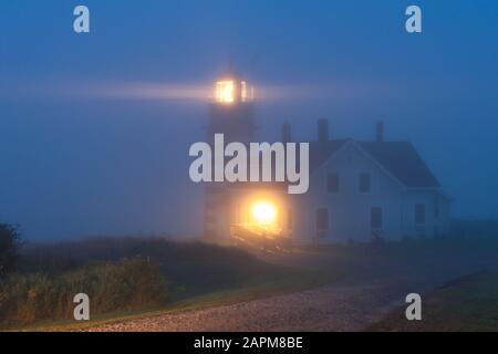 Nebbia fitta intorno al faro di West Quoddy Head, sul punto più orientale degli Stati Uniti, vicino alla città di Lubec, costa atlantica del Maine, USA Foto Stock