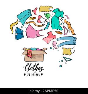 Disegnata a mano illustrazione di vestiti donare, carità, il concetto di cura. Doodle schizzo elementi di stile di abbigliamento, casella di donazione per il logotipo, banner, icona del design. Illustrazione Vettoriale. Illustrazione Vettoriale