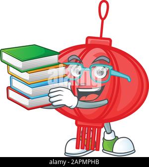 Fresco e intelligente studente cinese lambion mascotte cartone animato con libro Illustrazione Vettoriale