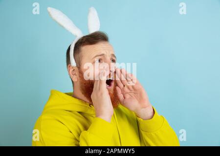 Chiamata, urlando. Uomo caucasico come un coniglietto di Pasqua con abiti luminosi casual su sfondo blu studio. Auguri di buona pasqua. Concetto di emozioni umane, espressione facciale, vacanze. Copyspace. Foto Stock