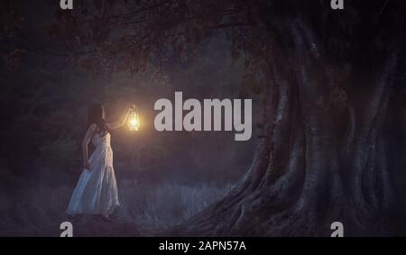 Bella ragazza in bianco tenendo una lanterna nella foresta d'autunno che brilla sotto gli alberi. Foto Stock