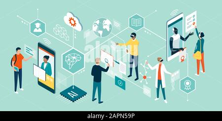 Persone che utilizzano tecnologie innovative per l'istruzione, frequentano corsi online, interagiscono con la realtà virtuale e l'intelligenza artificiale Illustrazione Vettoriale