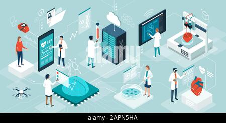 Medici e ricercatori che utilizzano tecnologie innovative per la medicina e l'assistenza sanitaria: Indossabili medicali, ai, organi stampati e digitali 3D, cellule staminali AN Illustrazione Vettoriale