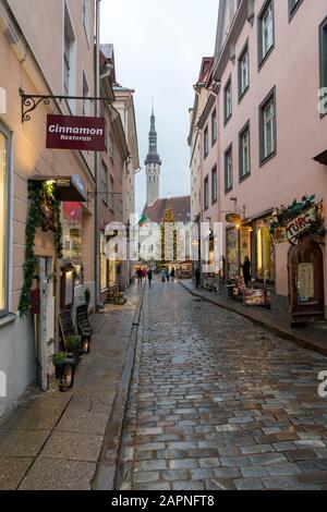 Vista dalla strada che guarda verso la città di squrae, il municipio di Tallinn e il mercatino di Natale. Vanalinn, Tallinn, Estonia Foto Stock