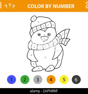 colorazione per partita di numeri. Illustrazione vettoriale del gioco di colorazione con pinguino dei cartoni animati per i bambini libro da colorare Illustrazione Vettoriale