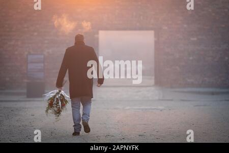 24 gennaio 2020, Polonia, Oswiecim: Al mattino presto, un uomo depone fiori sul muro nero nel cortile tra I Blocchi 10 e 11 l'ex campo di concentramento di Auschwitz I. Le riprese si sono svolte presso la parete Nera fino al dicembre 1943. 27.01.2020 ricorre il 75th anniversario della liberazione del campo di concentramento da parte dell'Armata Rossa. Dal 1940 al 1945, la SS gestiva il complesso con numerosi campi satellite come campi di concentramento e di sterminio. Il numero di coloro che sono stati uccisi ammonta a 1,1 - 1,5 milioni, la maggior parte dei quali ebrei. Auschwitz è il simbolo dell'omicidio di massa industriale e del Foto Stock