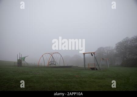 Il tempo invernale nebbia copre alberi, persone, un parco giochi e vari nidi di uccelli. Foto Stock