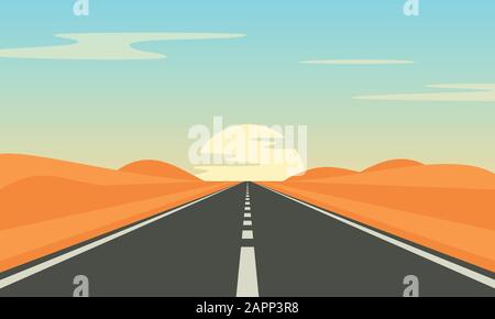 Strada nel deserto. Asfalto autostrada con iscrizioni in campagna. Illustrazione Vettoriale