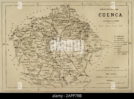 Mappa della Provincia di Cuenca, Spagna. Cronica General de España, Historia Ilustrada y Descriptiva de sus Provincias. Castilla-La Nueva, 1869. Foto Stock