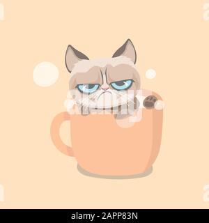 Carino gatto grumpy seduto in grande tazza. Illustrazione Vettoriale