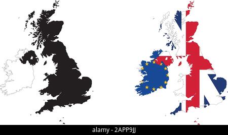 Mappa dettagliata di Gran Bretagna e Irlanda, in bianco e nero e con la bandiera europea e l'Unione Jack. Illustrazione Vettoriale