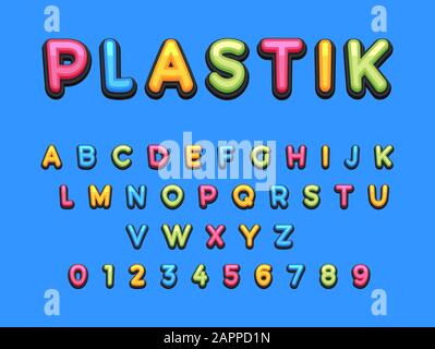Kids Plastic Cartoon Font. Colorful comics font, bambino sport alfabeto in stile pop art. Pluristrato divertente lettere colorate sulla pagina dei fumetti per de Illustrazione Vettoriale