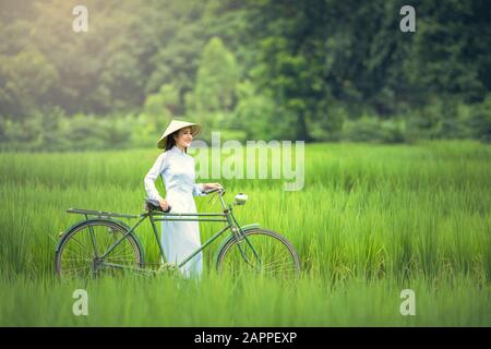 Ritratto delle ragazze del Vietnam con Ao dai, vestito tradizionale del Vietnam, Ao dai è costume tradizionale famoso per la donna in Vietnam. Foto Stock