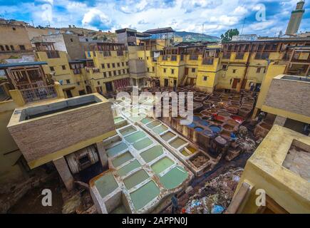 Pelle che muore in una conceria tradizionale nella città Fes, Marocco Foto Stock