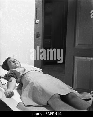 Reportage Croce Rossa In Batavia Princess Margriet Hospital In Batavia. Donna Dà Sangue Data: 9 Febbraio 1949 Luogo: Batavia, Indonesia, Jakarta, Indie Orientali Olandesi Foto Stock