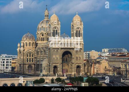 La cattedrale di Marsiglia, la cattedrale Sainte-Marie-Majeure de Marseille, una delle più grandi della Francia, la chiesa cattolica in stile bizantino-romano, la loca Foto Stock