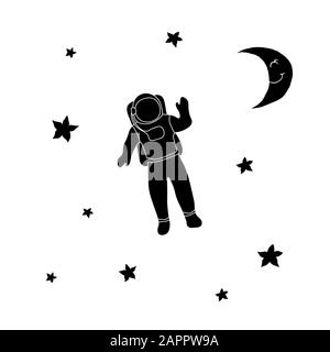 Cosmonaut astronauta, luna e stelle. Contorno nero su sfondo bianco. L'immagine può essere utilizzata in biglietti d'auguri, poster, volantini, banner, logo, ulteriore design, ecc. illustrazione vettoriale. EPS10 Illustrazione Vettoriale