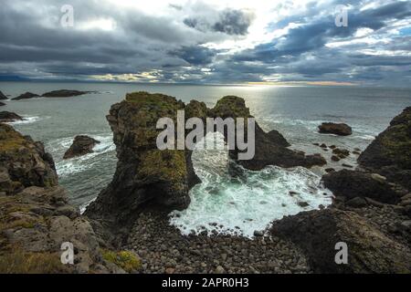 Arnarstapi città sulla costa di Snaefell in Islanda bellissimo paesaggio Foto Stock