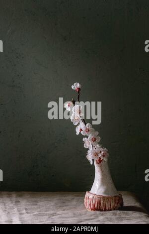 Primavera sbocciano i fiori di ciliegio fiori di diramazione in craft vaso di ceramica in piedi sul lino grigio tovaglia. La molla interna. Copia dello spazio. Foto Stock
