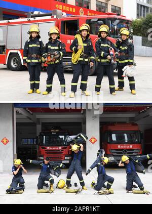 (200124) -- SHENZHEN, 24 gennaio 2020 (Xinhua) -- Foto combinata scattata il 22 gennaio 2020 mostra i vigili del fuoco ma Fengquan, li Dalian, li Fuhua, Lin Hongfei e Wu Zhenxiong (da L a R) in posa per una foto di gruppo (top) e mostra come mettere in uniformi a Shenzhen, provincia del Guangdong della Cina meridionale. I vigili del fuoco continuano a proteggere la sicurezza dei cittadini durante la festa cinese del Capodanno lunare. Molte persone provenienti da diverse passeggiate di vita scelgono di trascorrere la vacanza Primavera Festival a Shenzhen. Shenzhen accoglie con favore il suo 40th anniversario nel 2020 e sempre più persone sono attratte a lavorare e vivere qui. (Xinhua/Liang X Foto Stock