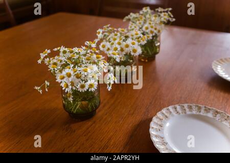 Tre piccoli vasi vintage di piccole margherite su un tavolo in legno retrò Foto Stock