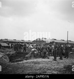 Capitolazione: Harskamp [campo in cui SS e Landwachters sono internati] uomini scavando, in background caserma Annotazione: In questo campo circa 4000 prigionieri olandesi SS (tra cui Army, Landstorm, Viking, Germania, Holl. Grüne Polizei etc.) in attesa di processo Data: Giugno 1945 luogo: Gelderland, Harskamp Parole Chiave: Campi di internamento, prigionieri di guerra, militare Foto Stock