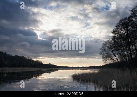 Gelido guardando il tramonto invernale ai piedi delle Eels, Ormesby. Foto Stock