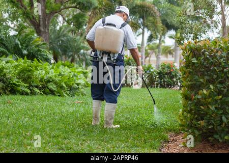Pest Control tecnico con spray portatile rig con ugello di spruzzo e tubo flessibile Foto Stock
