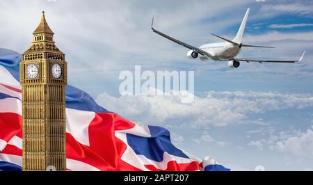 aeroplano che vola via nel cielo sopra il ben grande e jack di unione Foto Stock