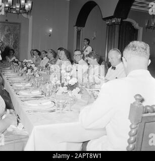 Antille Olandesi e Suriname al momento della visita reale della Regina Juliana e del Principe Bernhard nel 1955 Cena di gala nel Palazzo del Governatore. Al centro, accanto alla Regina, il primo Ministro delle Antille Olandesi, Efrain Jonckheer Data: 19 ottobre 1955 Località: Curaçao, Antille Olandesi, Willemstad Parole Chiave: Cene, visite reali Nome personale: Jonckheer, Efrain, Juliana, Queen Foto Stock