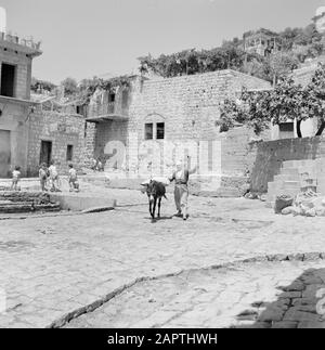 Israele - Peki'nel villaggio di Peki'in Galilea. Una strada freeltje con un uomo con un asino pieno e bambini giocare Data: 1 gennaio 1963 Località: Israele, Peki'in Parole Chiave: Villaggi, asini, bambini, muri, immagini di strada, trasporto Foto Stock