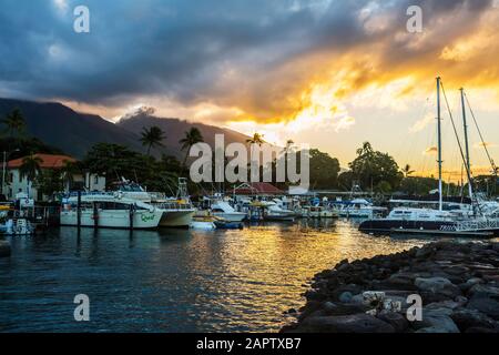 Barche a vela, barche a vela e tour ormeggiati nel porto di Lahaina al tramonto con le cime dell'isola vulcanica in lontananza Foto Stock