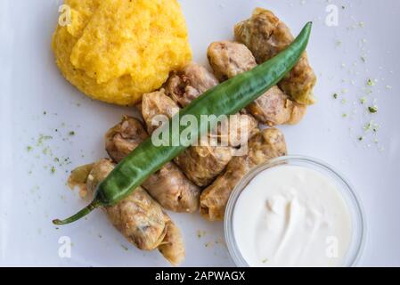 Piatto servito in ristorante rumeno - involtini di cavolo con mamaliga Foto Stock