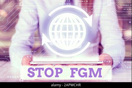 La scrittura della nota mostra Stop fgm. Il concetto di business per porre fine o stop sul taglio genitale e la circoncisione Foto Stock