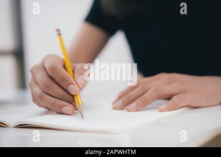 Chiudete le mani con la penna scritta sul notebook. Concetto di istruzione. Foto Stock