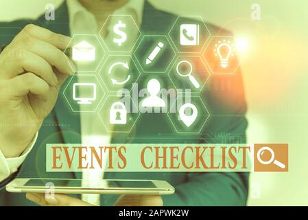 Segno di testo che mostra eventi Checklist. Business photo testo prezioso strumento per analysisaging con successo i vostri eventi Foto Stock