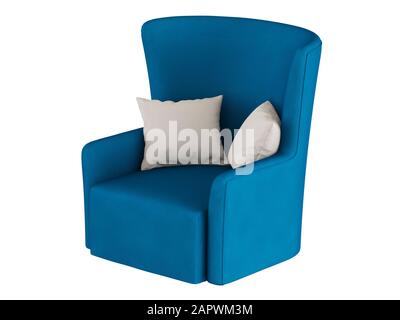 Sedia morbida blu con due cuscini su sfondo bianco 3d rendering Foto Stock