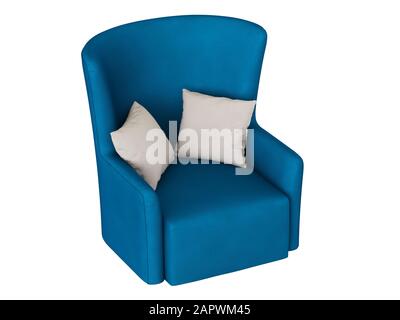 Sedia morbida blu con due cuscini su sfondo bianco 3d rendering Foto Stock