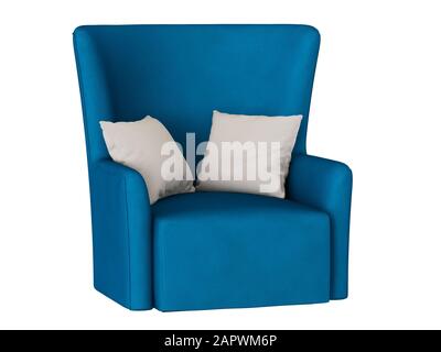 Sedia morbida blu con due cuscini su sfondo bianco 3d rendering Foto Stock