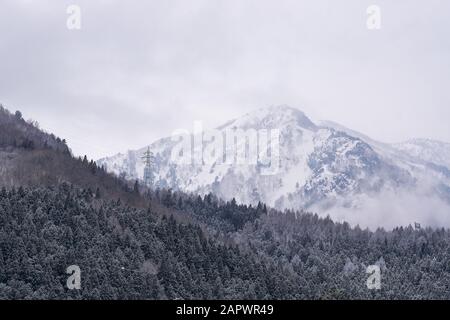 Bianco, montagna innevata e nuvole luminose sullo sfondo. Montagna innevata buia e coperta di alberi in primo piano. Foto Stock