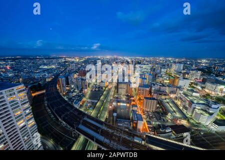 Sendai, 23 ottobre: Veduta aerea del tramonto del paesaggio urbano del centro città, 23 ottobre 2019 a Sendai, Giappone Foto Stock