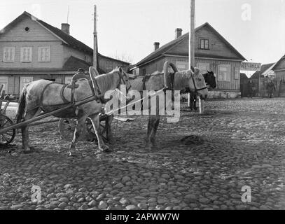 Viaggio In Lituania Novy Troky (Trakai). Due cavalli, ciascuno di fronte ad un carrello con case in legno sullo sfondo. Nella casa di destra è un ristorante situato Data: 1934 posizione: Lituania Parole Chiave: Immagini del villaggio, cavallo e carrello, ristoranti, case Foto Stock