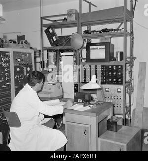 Rehovot. Istituto Weizmann: Interno di un laboratorio sul sito dell'istituto con un tecnico di laboratorio al lavoro Data: 1 gennaio 1963 Località: Israele, Rehovot Parole Chiave: Chimica, laboratori, spettrometri, educazione scientifica, ricerca scientifica Nome personale: Weizmann, Chaim Foto Stock