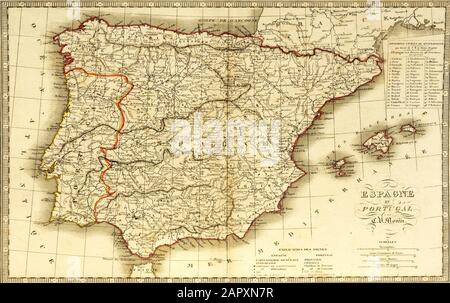 Mappa storica intorno al 1840, Spagna e Portogallo Foto Stock