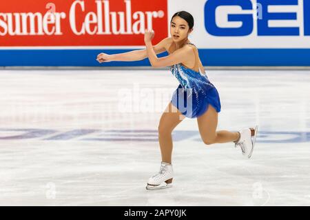 Greensboro, Carolina Del Nord, Stati Uniti. 24th Gen 2020. 24 gennaio 2020 "GREENSBORO, N.C., USA - KAREN CHEN di Freemont, California, compete nella Senior Ladies Free Skate durante il 2020 Toyota U.S. Figure Skating Championship al Greensboro Coliseum. I Campionati statunitensi sono la competizione finale di qualificazione prima che la U.S. Figure Skating denomini il 2020 World Figure Skating Team e il 2020 Four Continents Figure Skating Team. Credito: Timothy L. Hale/Zuma Wire/Alamy Live News Foto Stock