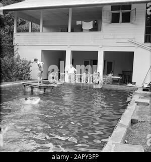 Antille Olandesi e Suriname al momento della visita reale della Regina Juliana e del Principe Bernhard nel 1955 piscina nella casa della famiglia Zaalberg Annotazione: Il Sig. Zaalberg stava lavorando alla Billiton Maatschappij Suriname Data: 1 ottobre 1955 Ubicazione: Suriname Parole Chiave: Case, piscine Foto Stock