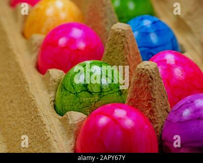 Uova di pollo colorate nella confezione Foto Stock